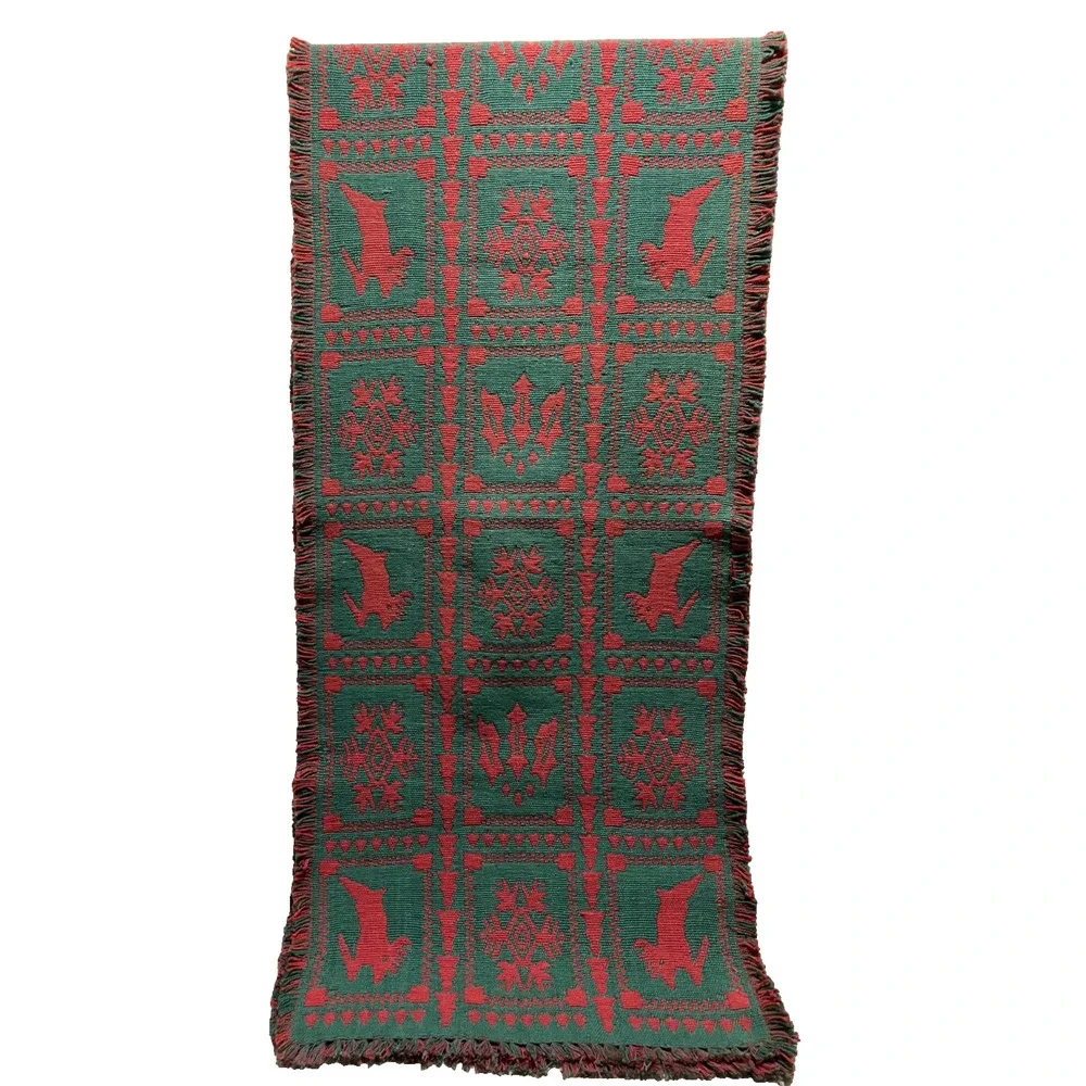 Christmas Tapestry Red Green Woven Table Runner 15x70 Reindeer Snowflake Vintage